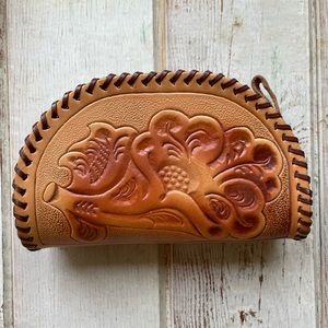 Vintage Handmade Tooled Leather Zip Bag